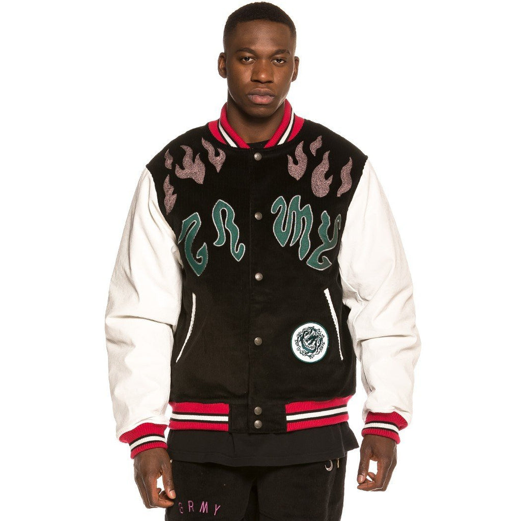 Grimey Yoga Fire Corduroy Baseball Jacket Black GBJK115-BLK
