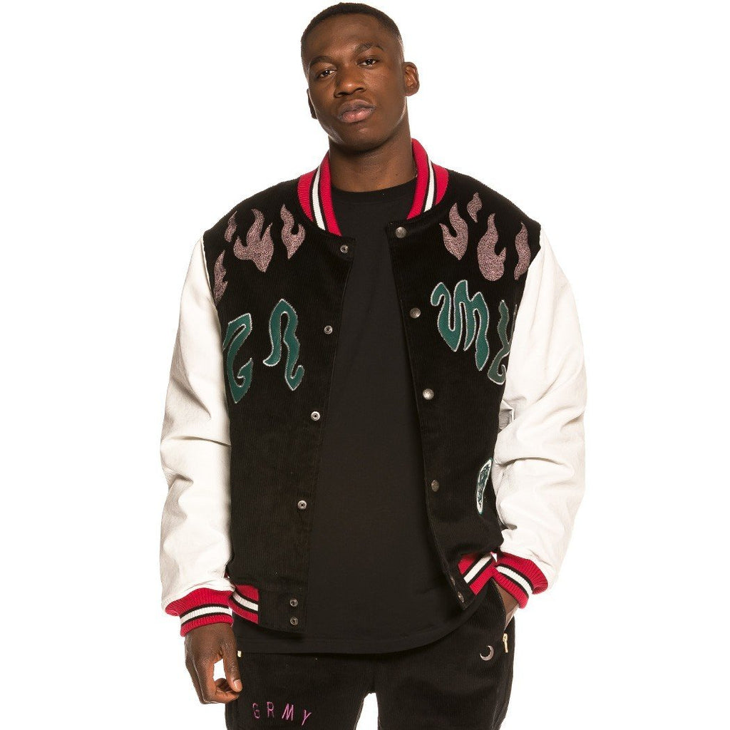 Grimey Yoga Fire Corduroy Baseball Jacket Black GBJK115-BLK
