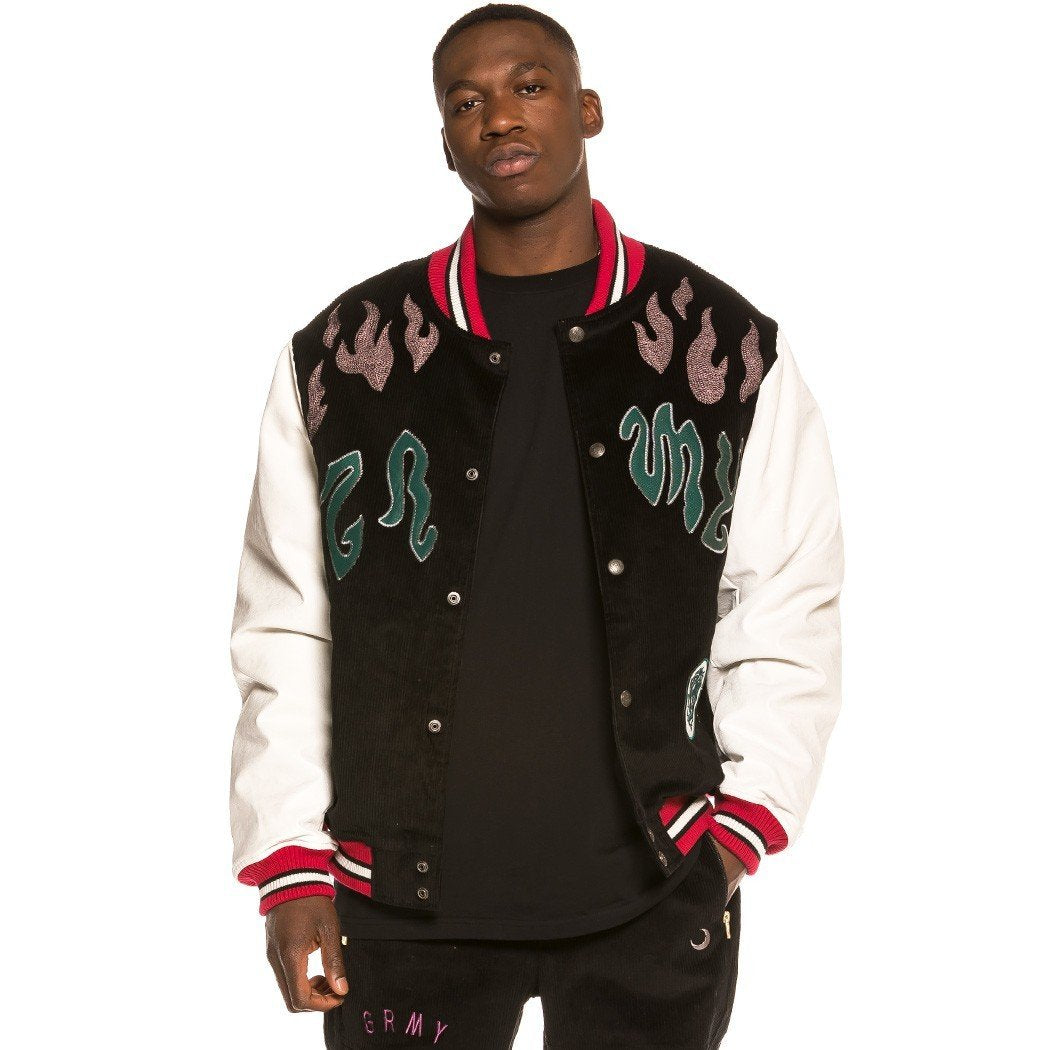 Grimey Yoga Fire Corduroy Baseball Jacket Black GBJK115-BLK