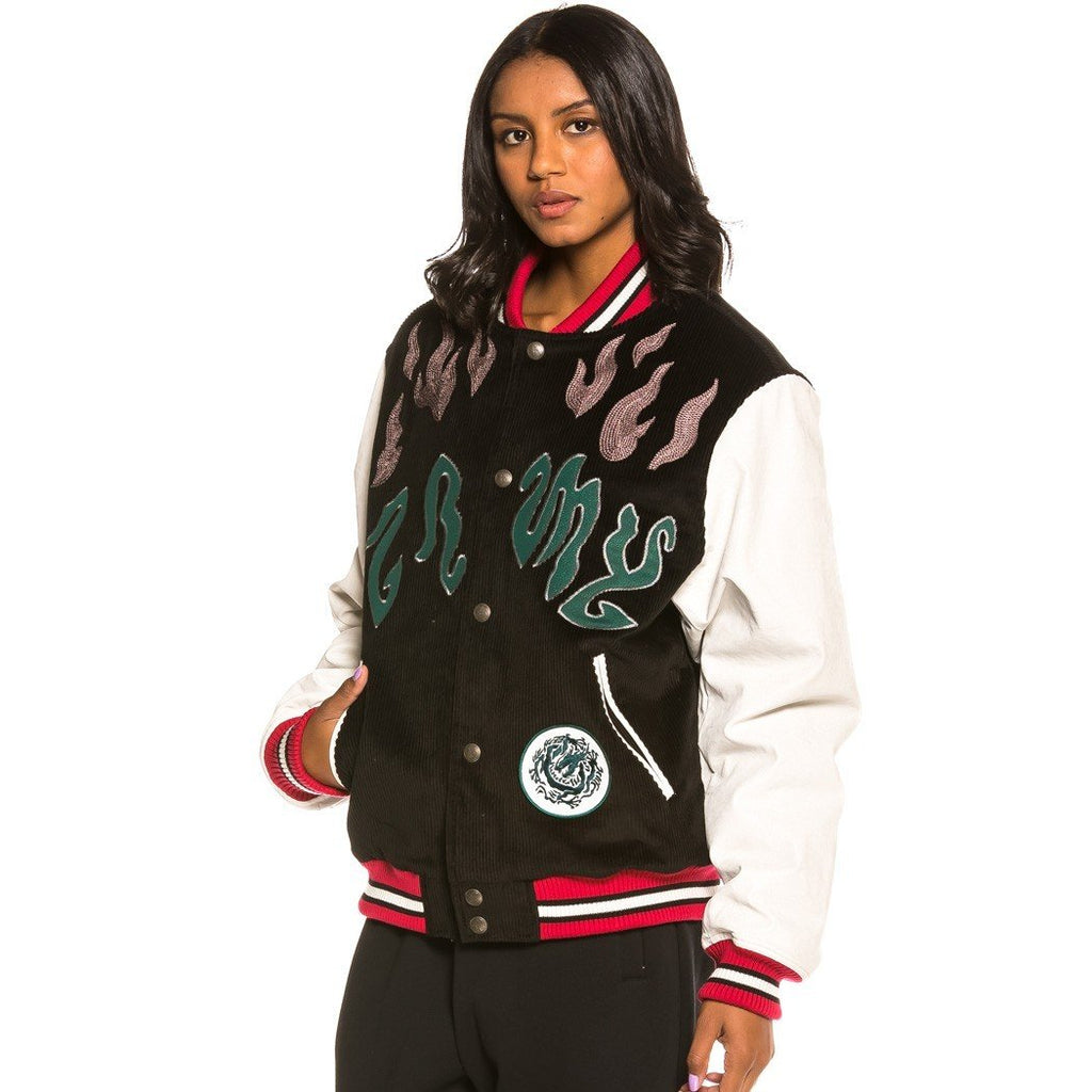 Grimey Yoga Fire Corduroy Baseball Jacket Black GBJK115-BLK