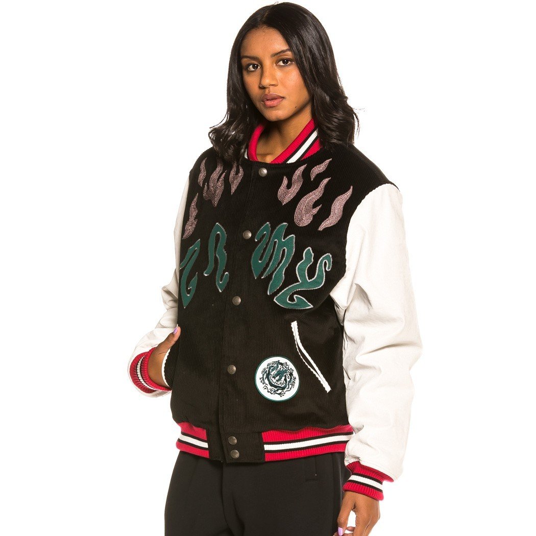 Grimey Yoga Fire Corduroy Baseball Jacket Black GBJK115-BLK