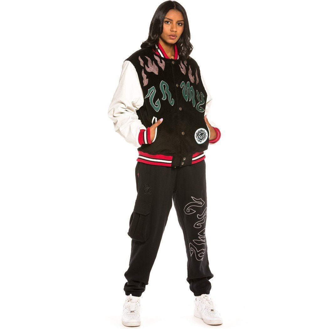 Grimey Yoga Fire Corduroy Baseball Jacket Black GBJK115-BLK