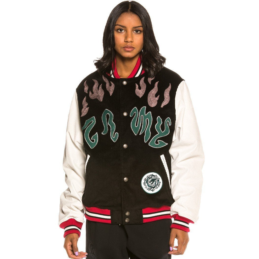 Grimey Yoga Fire Corduroy Baseball Jacket Black GBJK115-BLK